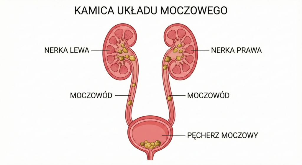 Kamica nerkowa ilustracja pokazująca nerki, moczowód i pęcherz w którym zalegają kamienie