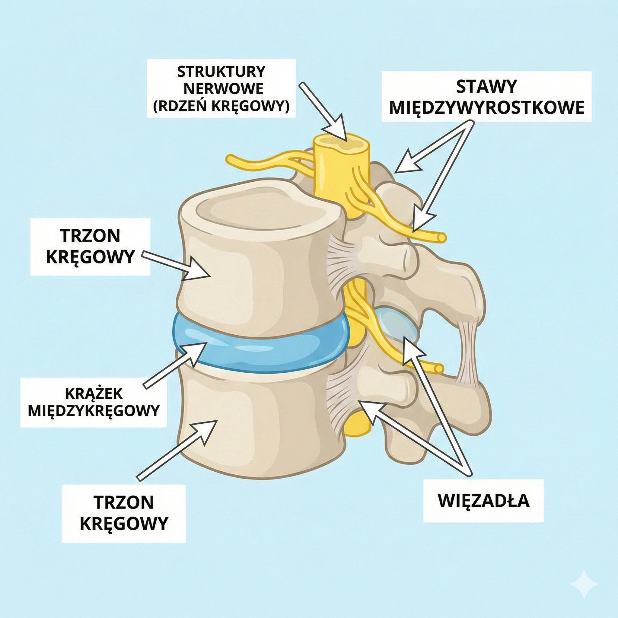 Choroby kręgów szyjnych dotyczą struktur widocznych na obrazku: krążków międzykręgowych (dysków), trzonów kręgowych, stawów międzywyrostkowych, więzadeł oraz struktur nerwowych przebiegających w kanale kręgowym
