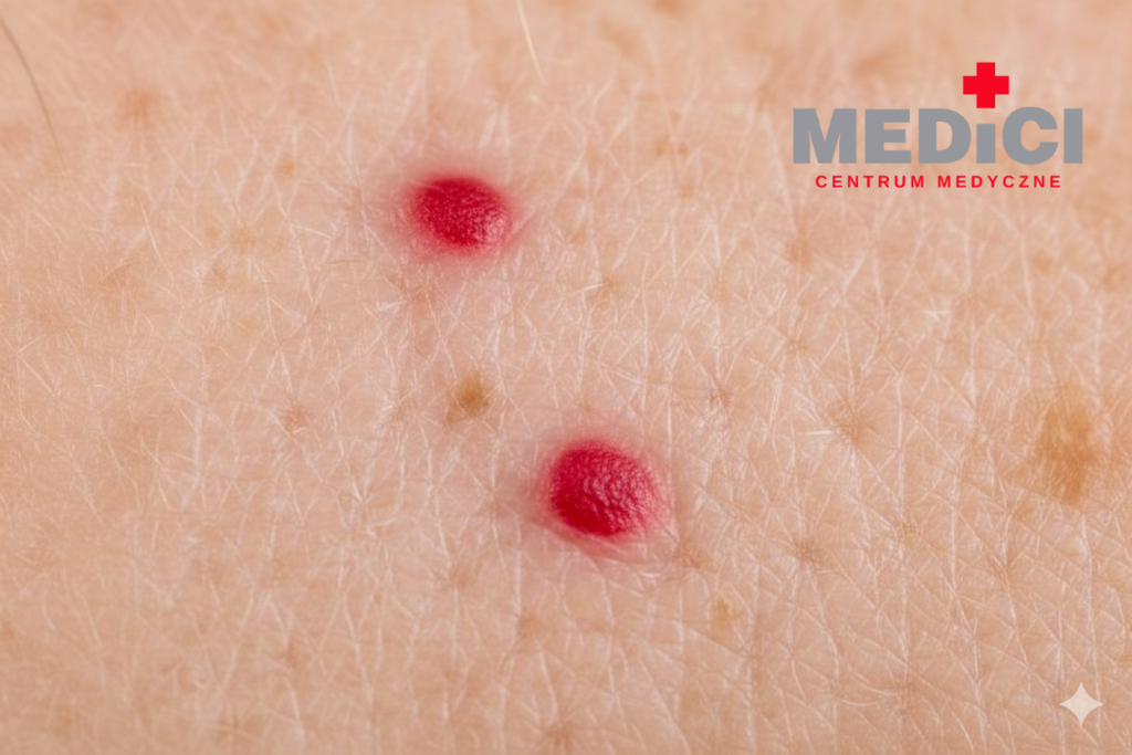 Naczyniaki - dwie czerwone zmiany przypominające grudki na skórze